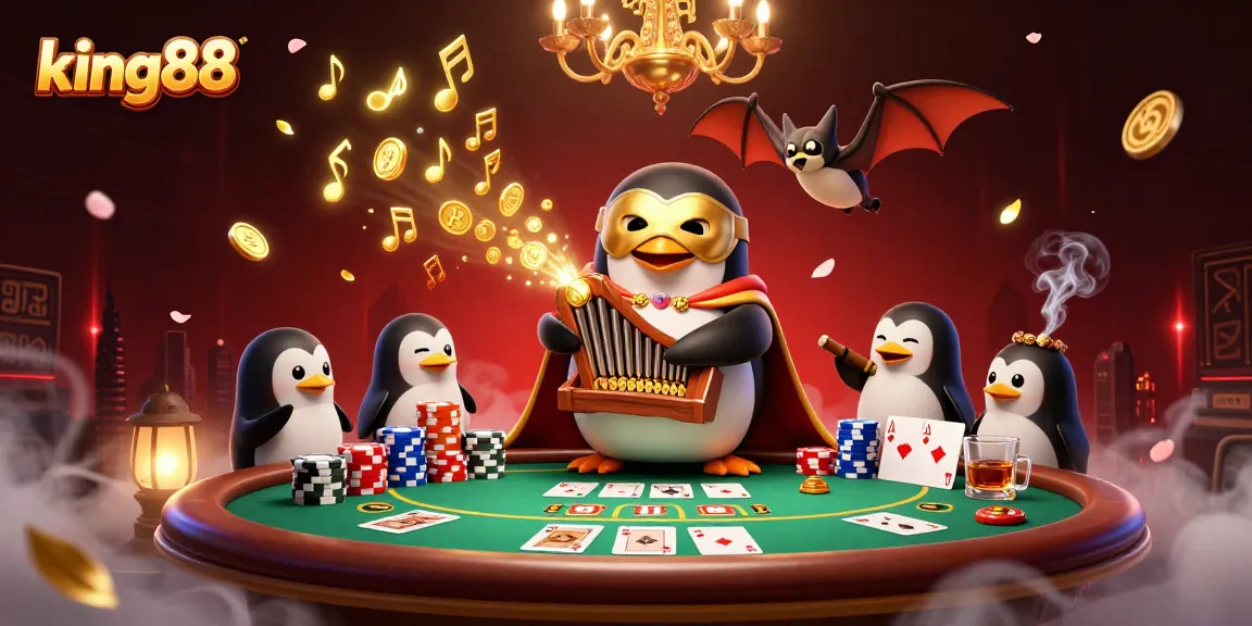 Play poker like a pro with king88's vibrant illustrations featuring a whimsical casino atmosphere.