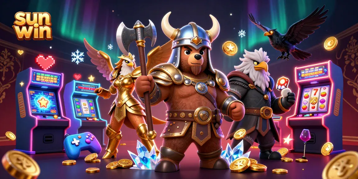 Experience the thrilling adventure of sun win with a 3D Viking berserker and Valkyrie, surrounded by dynamic casino elements.