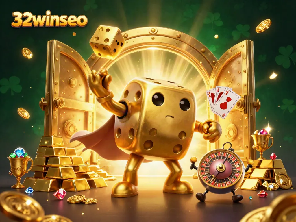 Experience thrilling gameplay with 32winseo's golden dice companion amidst gold treasures and casino excitement.