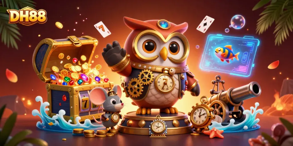 Win big with DH88 in this vibrant 3D casino illustration filled with magical elements.