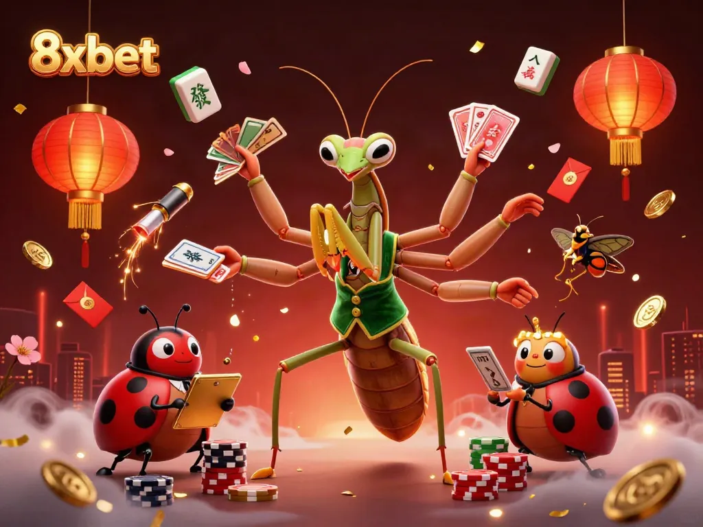 Experience the vibrant energy of 8xbet as a giant praying mantis card sharp entertains with casino flair in rich detail.