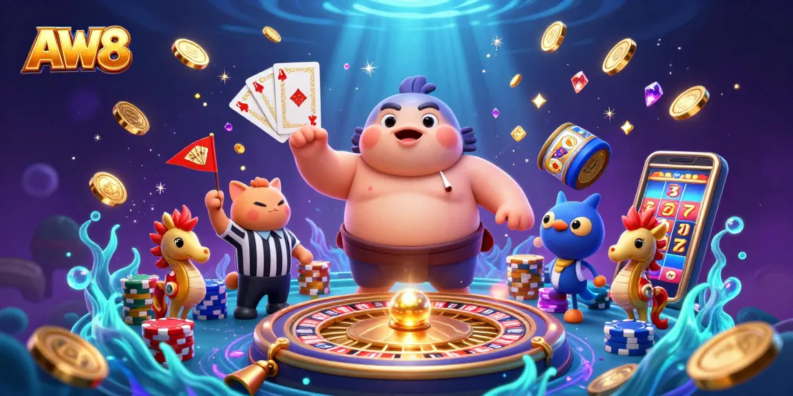 AW8 showcases a vibrant, 3D casino scene with a fugu, catfish referee, and unique game elements.
