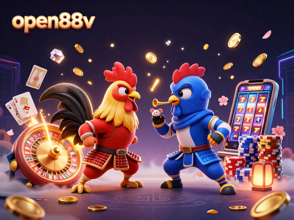 Betting duel between cartoon fighters open88v in a vibrant casino setting with gold coins.