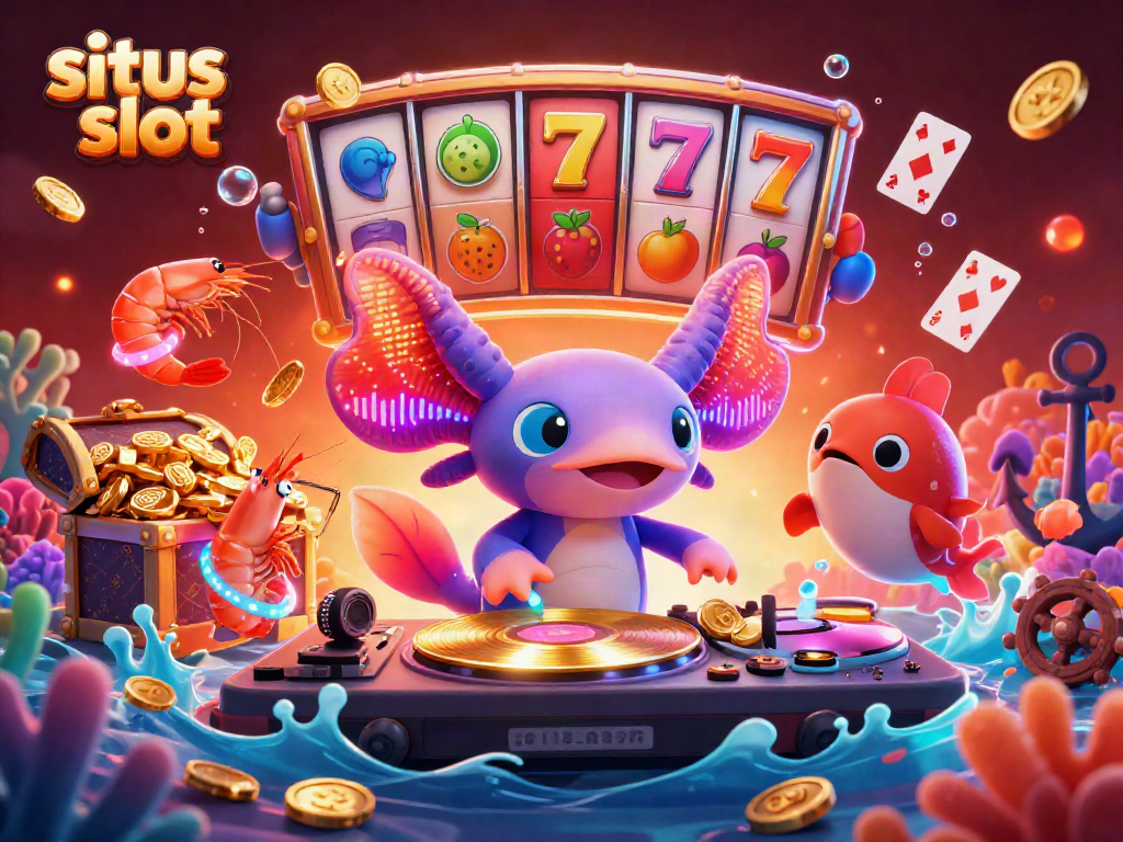 Experience exciting gameplay at situs slot with a vivid underwater casino scene featuring vibrant axolotl DJ and treasure elements.