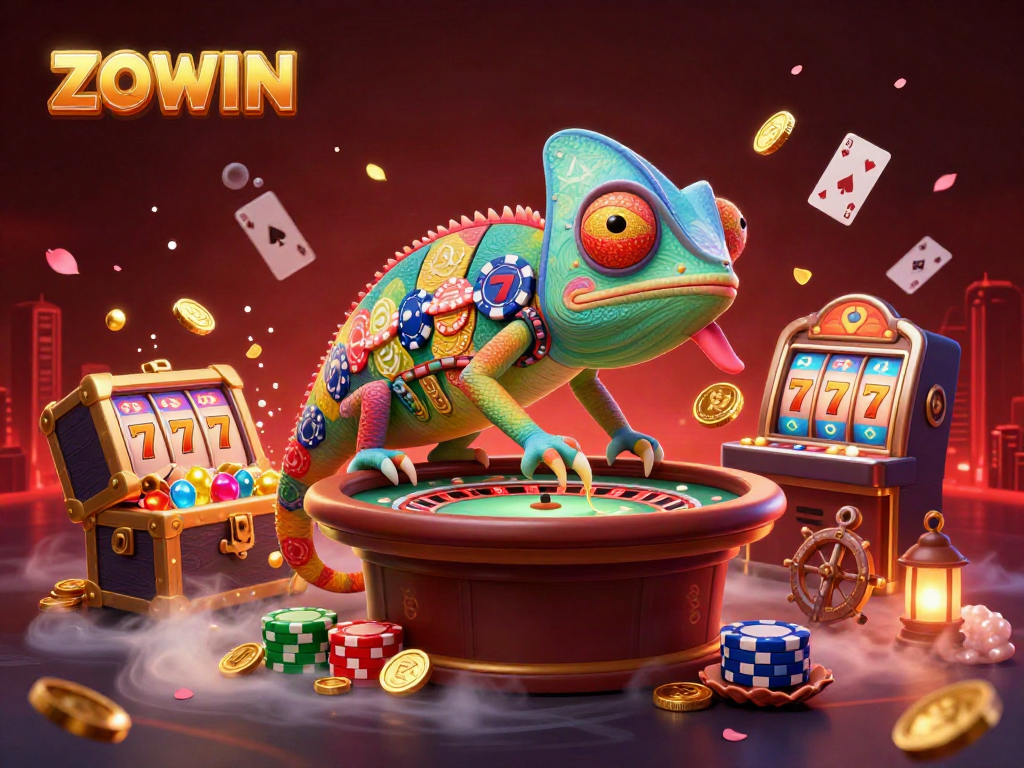 ZOWIN engages players with a vibrant illustration highlighting a playful chameleon casino owner, surrounded by gold coins, slot machines, and vibrant casino elements.