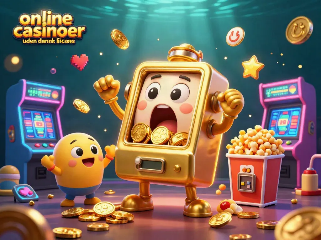 Engaging 3D illustration of online casinoer uden dansk licens featuring animated slot machines and vibrant gaming elements.
