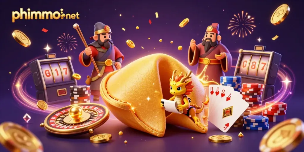 Experience fun and excitement at phimmoi+net with playful dragons and fortune cookies in a vibrant casino-themed scene.