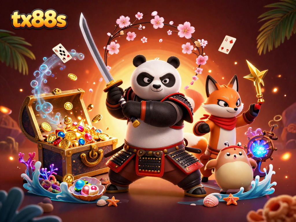 Engage with thrilling gameplay at tx88s featuring samurai panda and magical friends in a vibrant casino world.