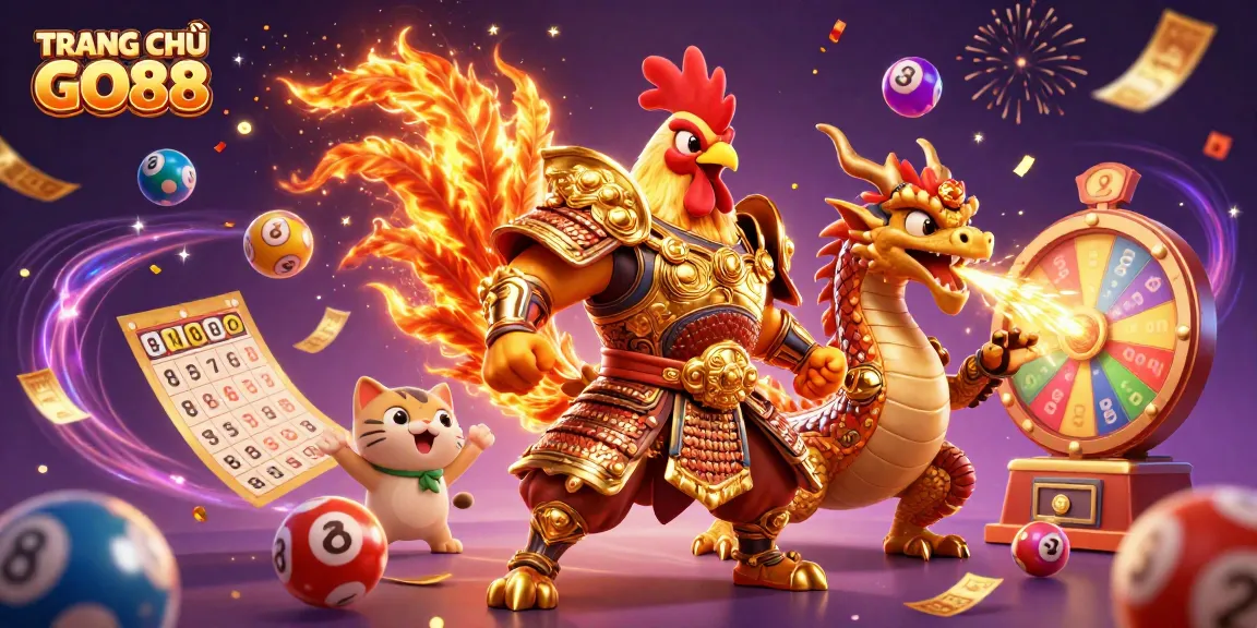 Engage with the excitement of TRANG CHỦ GO88, featuring a rooster warrior and dragon in a vibrant casino scene.