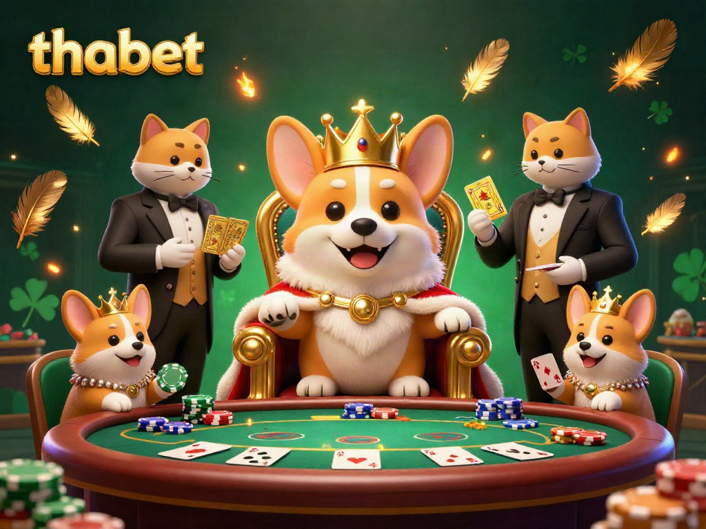 Experience the excitement of thabet with this vibrant royal casino scene featuring a crowned corgi and playful butlers.