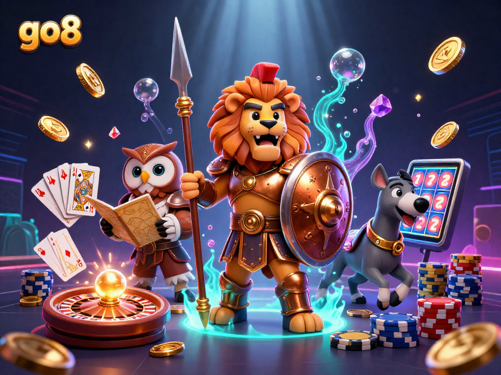 Experience the thrill of gaming at go8 with a fierce Spartan lion and dynamic casino elements.