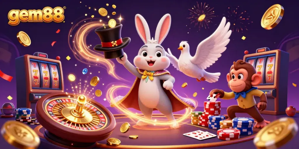 Experience the magic of gem88 as a rabbit pulls golden coins, a dove sparkles, and a monkey plays with poker chips.