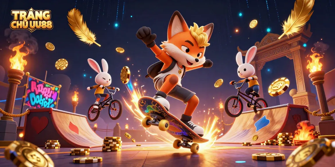 Experience the excitement at TRANG CHỦ UU88 as our cartoon fox and rabbit celebrate with vibrant casino elements.