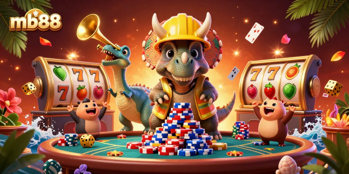 Trải nghiệm sòng bạc tại mb88 với ngựa ba sừng tạo kim tự tháp chip poker trong khung cảnh rực rỡ.