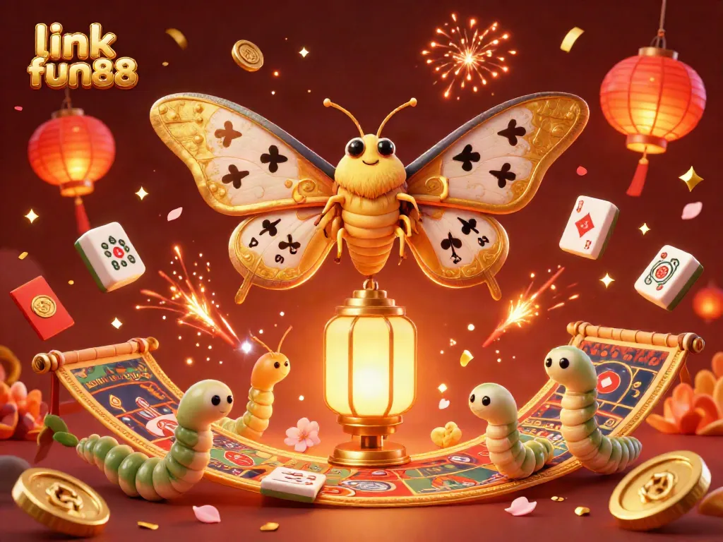 Engage with the vibrant gaming world at link fun88, featuring a majestic moth amidst golden casino imagery and festive elements.