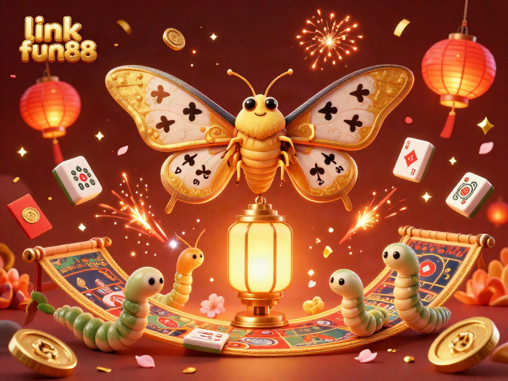 Engage with the vibrant gaming world at link fun88, featuring a majestic moth amidst golden casino imagery and festive elements.