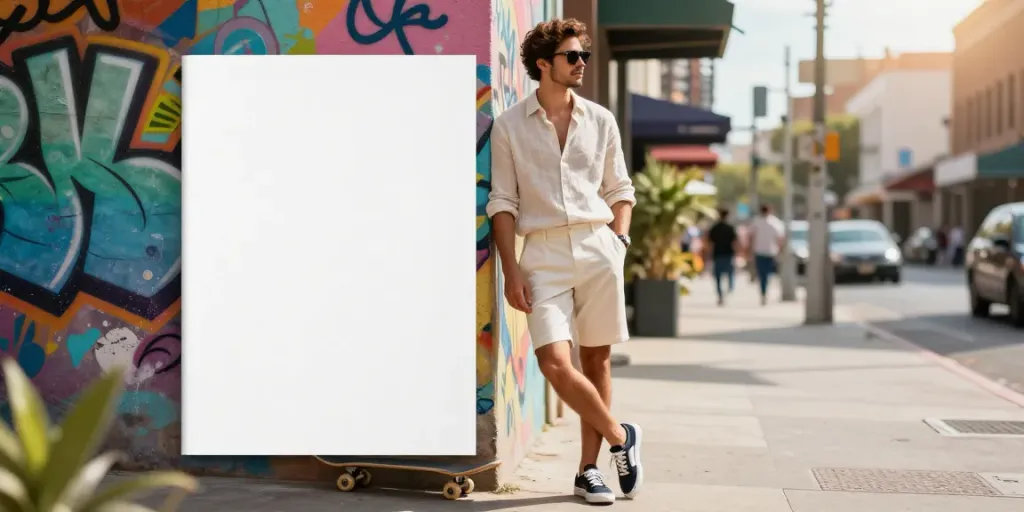 Stijlvolle herenmode in de stad met zomerse outfit, trendy accessoires en kleurrijke graffiti op de achtergrond.