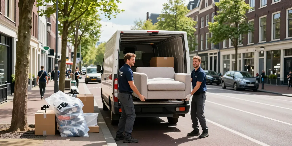 Professional verhuisbedrijf den haag movers loading furniture into a truck on a sunny day, showcasing teamwork and customer service.