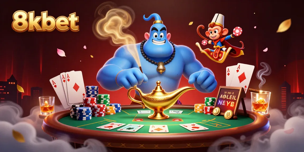 8kbet casino illustration featuring a genie, poker elements, and vibrant atmosphere.