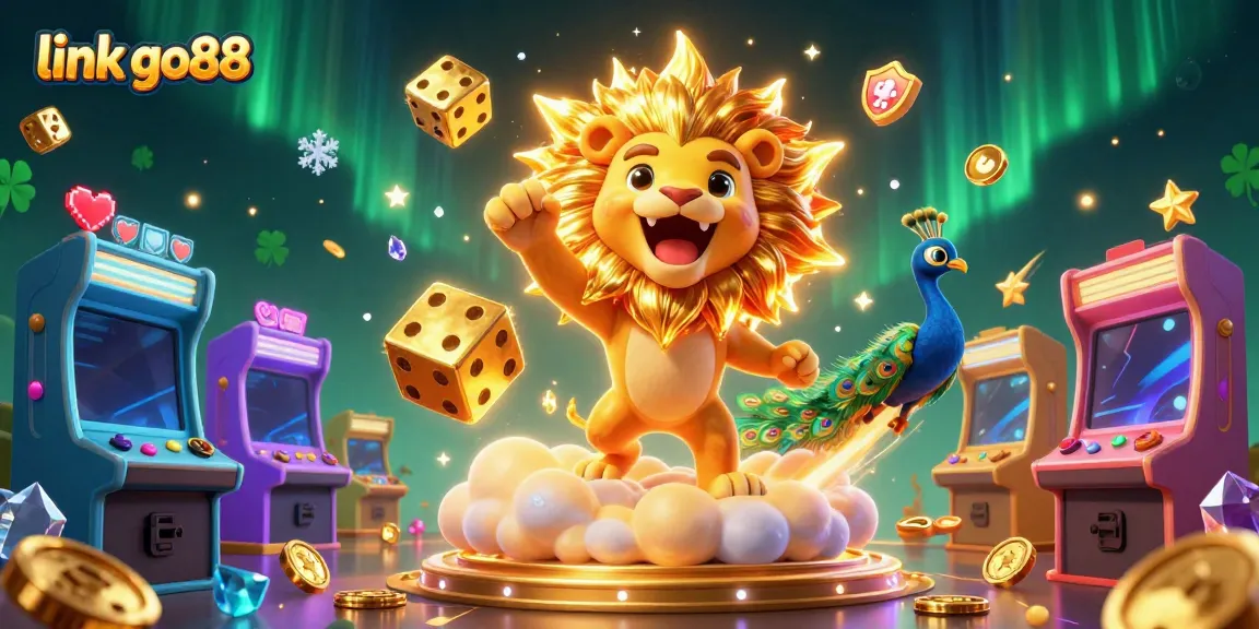 Play thrilling games at link go88 where a golden lion symbolizes victory amidst vibrant arcade elements.