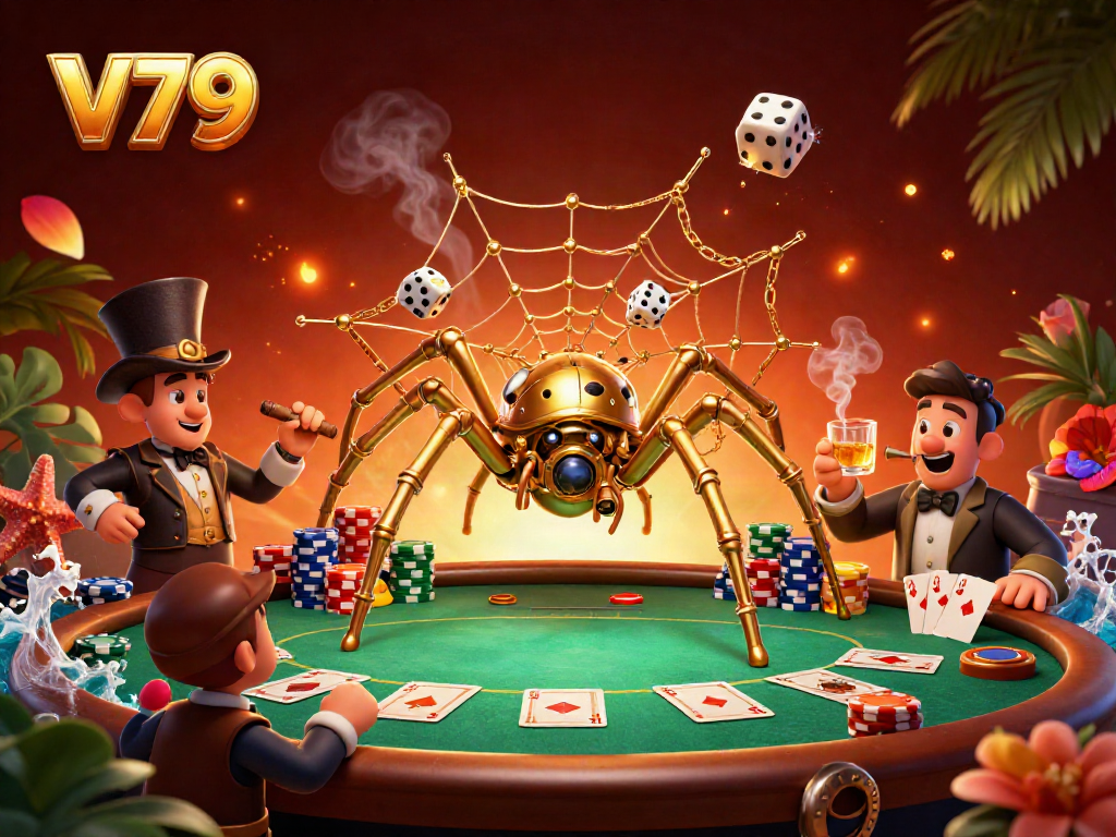 Experience the thrill of V79 with a steampunk spider catching dice amidst vibrant poker elements.