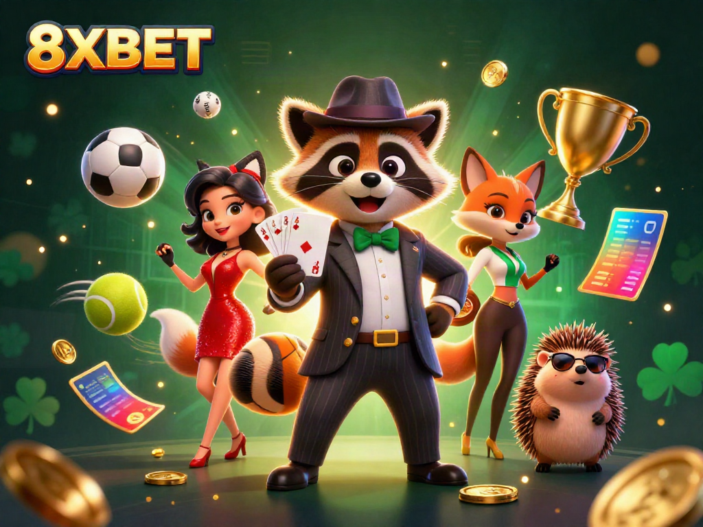 Experience thrilling gameplay at 8XBET with a suave raccoon and charming fox in a vibrant casino scene.