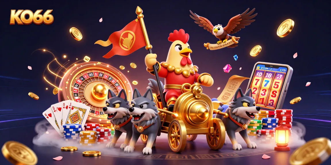Join the adventure at KO66 Casino with our thrilling cartoon battle scene filled with gaming excitement!
