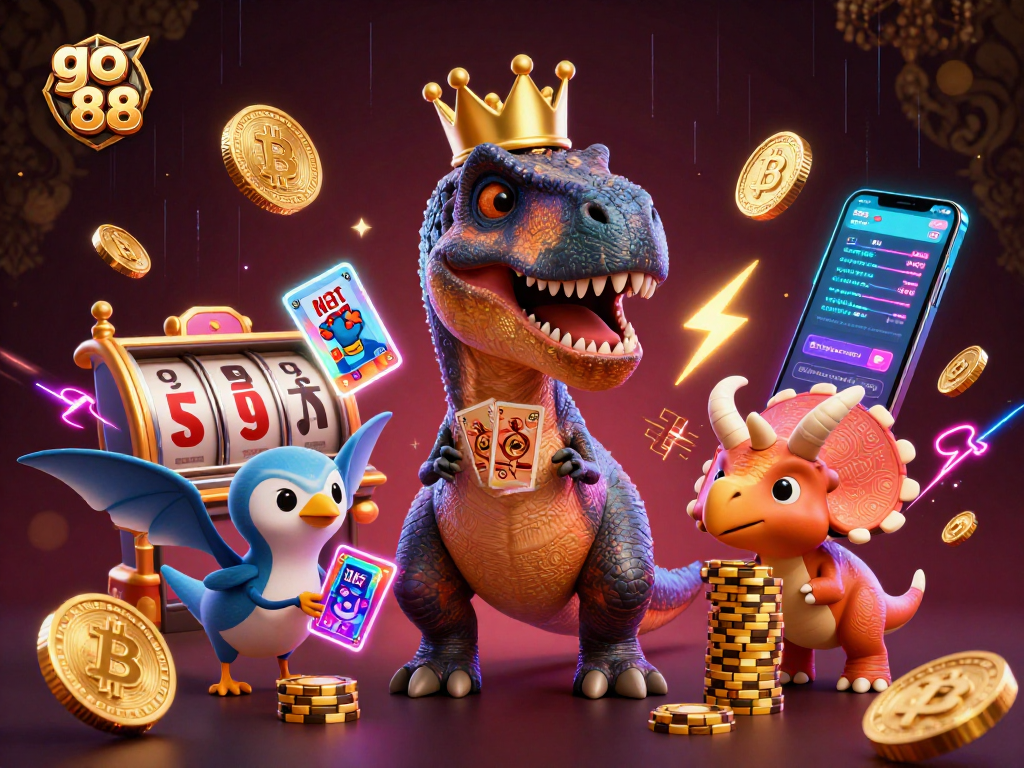 Engage with go 88 in this vibrant 3D casino scene featuring dinosaurs and crypto elements.