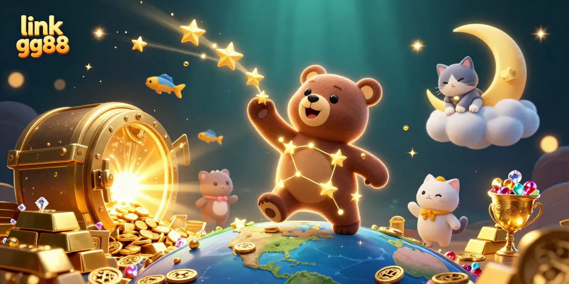 Engage with link gg88 in this vibrant scene featuring a constellation bear and treasures of the casino world.