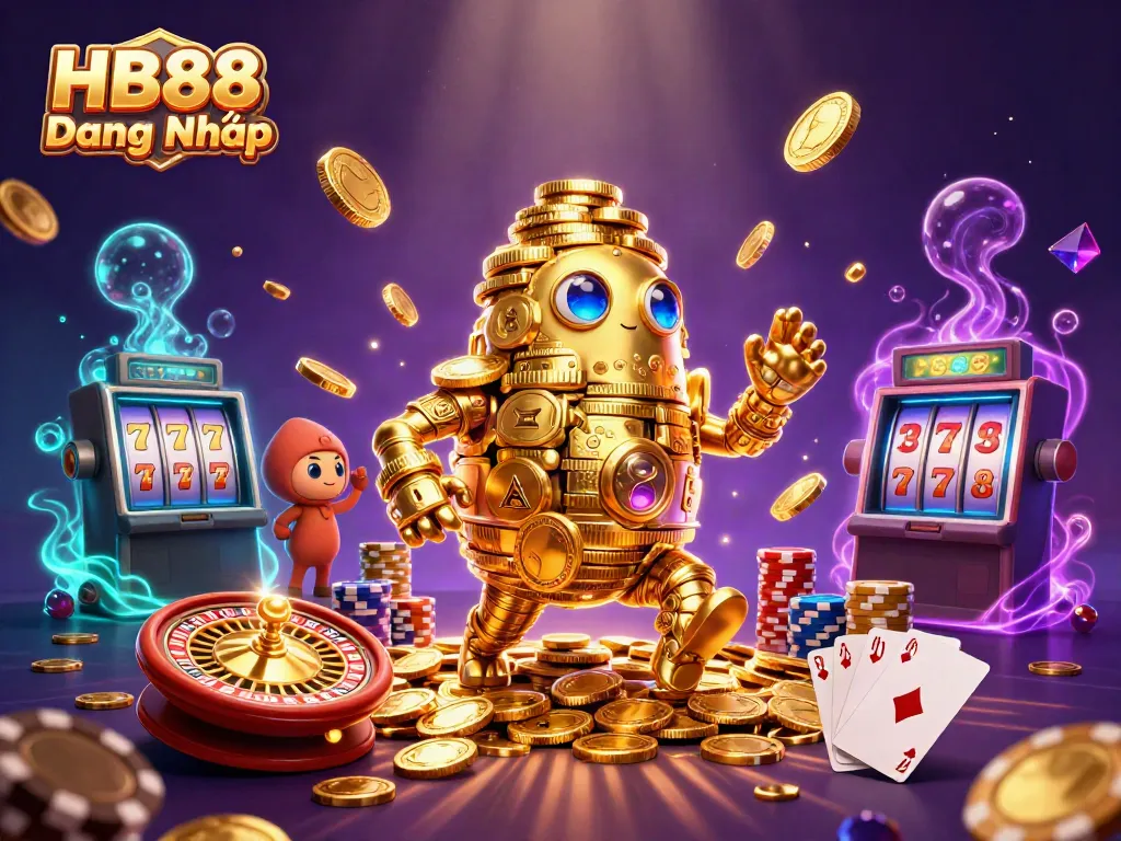 Experience the thrilling HB88 Đăng Nhập action with colorful casino elements and a golden golem centerpiece.