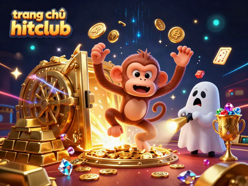 Experience the thrill of trang chủ hitclub as playful characters explore a vibrant casino atmosphere.
