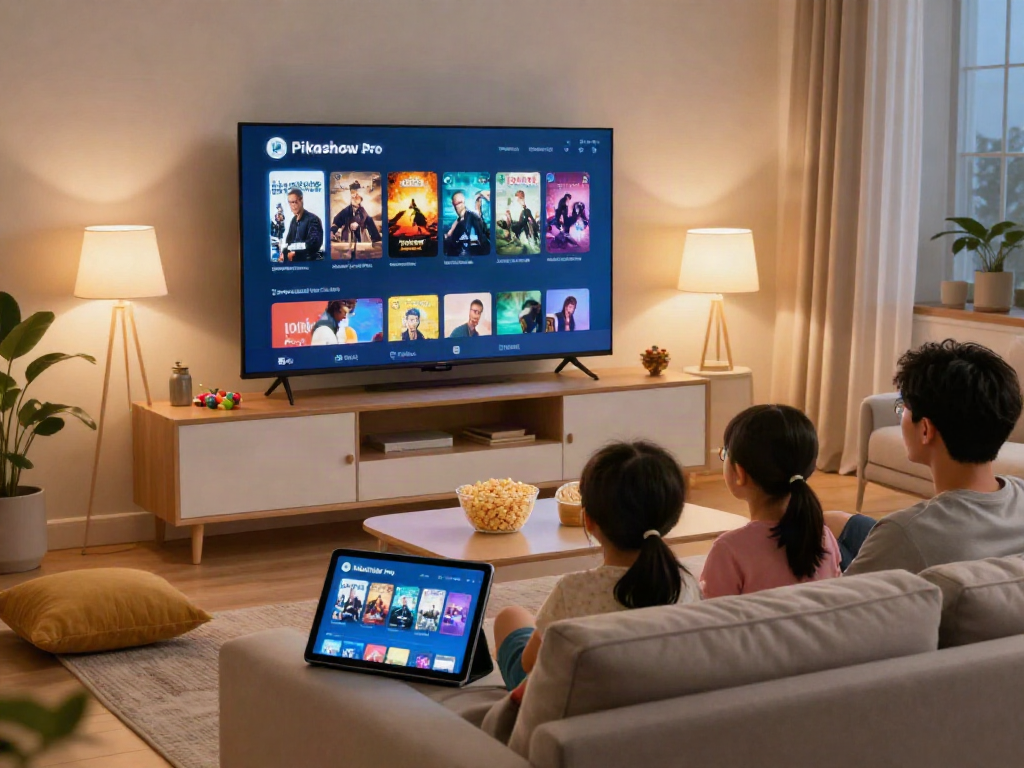 Pikashow Pro app in use by a family during movie night in a cozy living room.