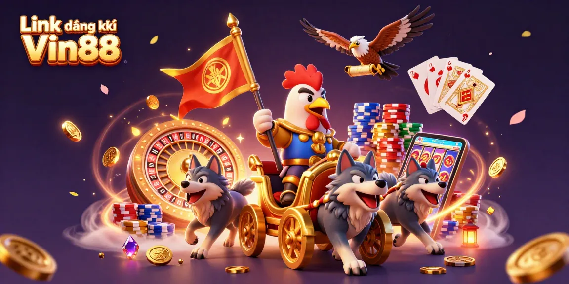 Engage in exciting gambling at Link đăng ký Vin88 with dynamic casino characters, gold coins, and vibrant elements.