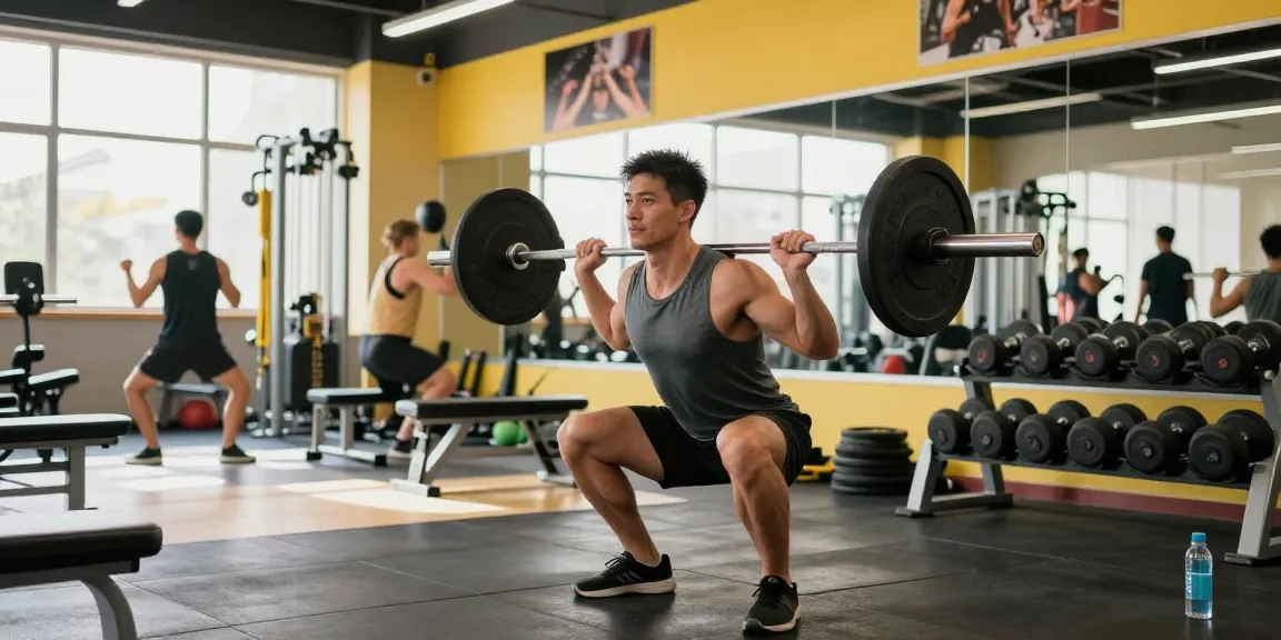 Dynamic gym scene showing Prime Pharma Steroiden use, athletic man performing barbell squat surrounded by equipment