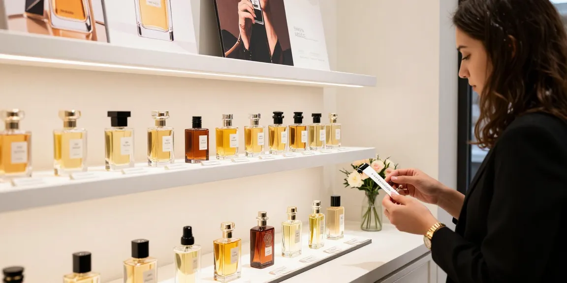 Een klant die de French Avenue parfum collectie bewondert in een stijlvolle winkelomgeving, met verschillende geurflessen als decoratie.
