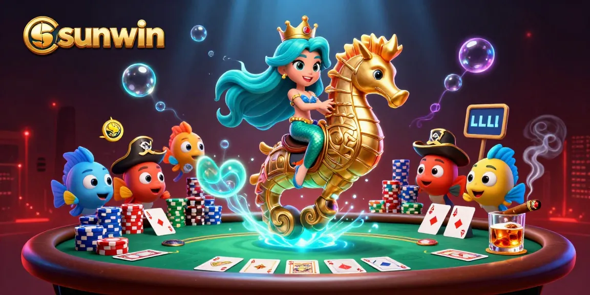 Experience thrilling gameplay with sunwin as a 3D cartoon mermaid rides a seahorse, surrounded by poker elements.