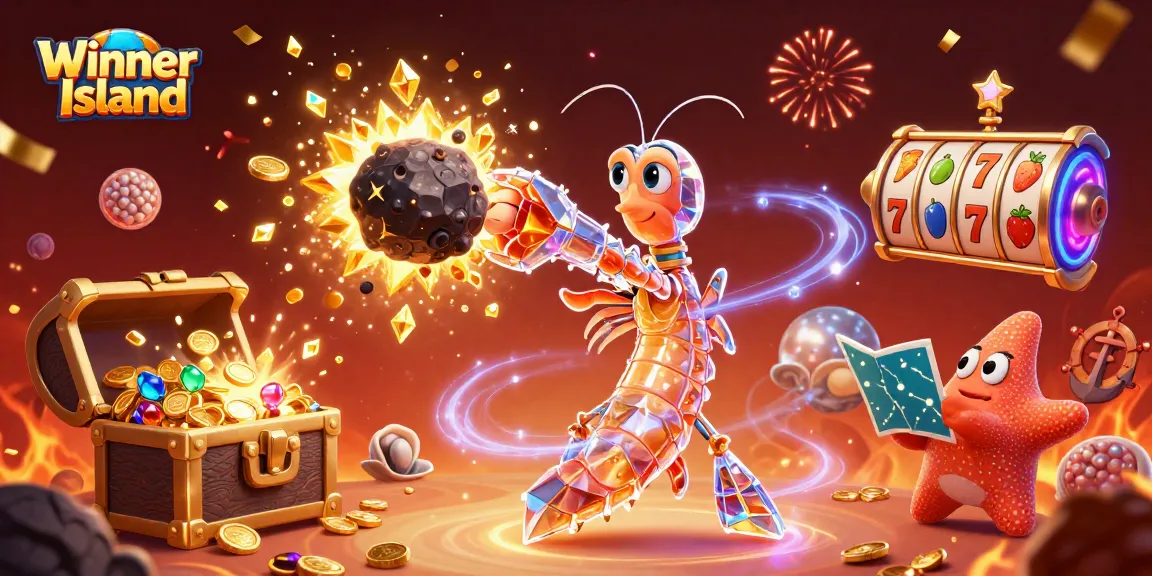 Engage in thrilling gameplay at Winner Island with vibrant slot machines and energetic characters.