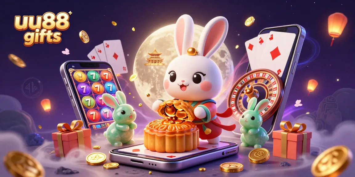 Play exciting games with uu88 gifts, featuring a moon rabbit surrounded by slots, chips, and golden coins.