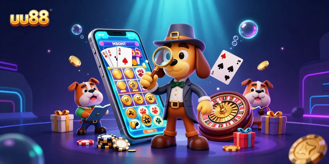 Engage in thrilling gaming at uu88 with a cartoon detective uncovering poker clues amid vibrant casino elements.