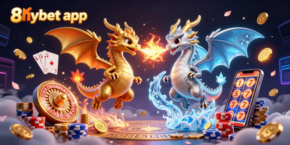 Experience thrilling gameplay with the 8xbet app featuring a dynamic illustration of whimsical dragons, games, and vibrant rewards.