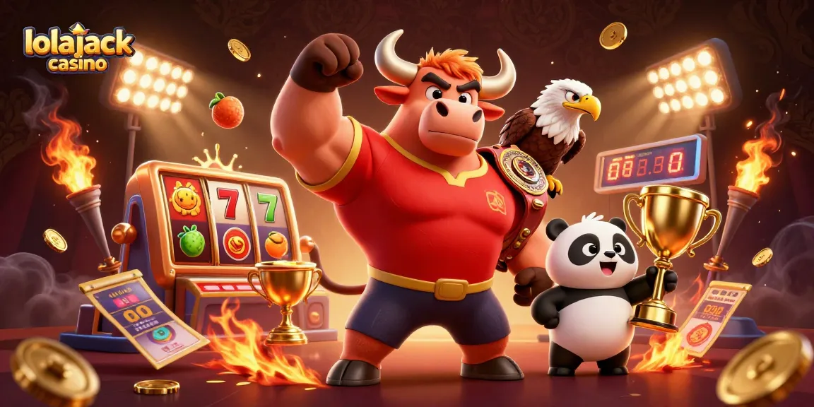 Experience the excitement of lolajack casino with dynamic 3D characters celebrating amidst vibrant slot elements.