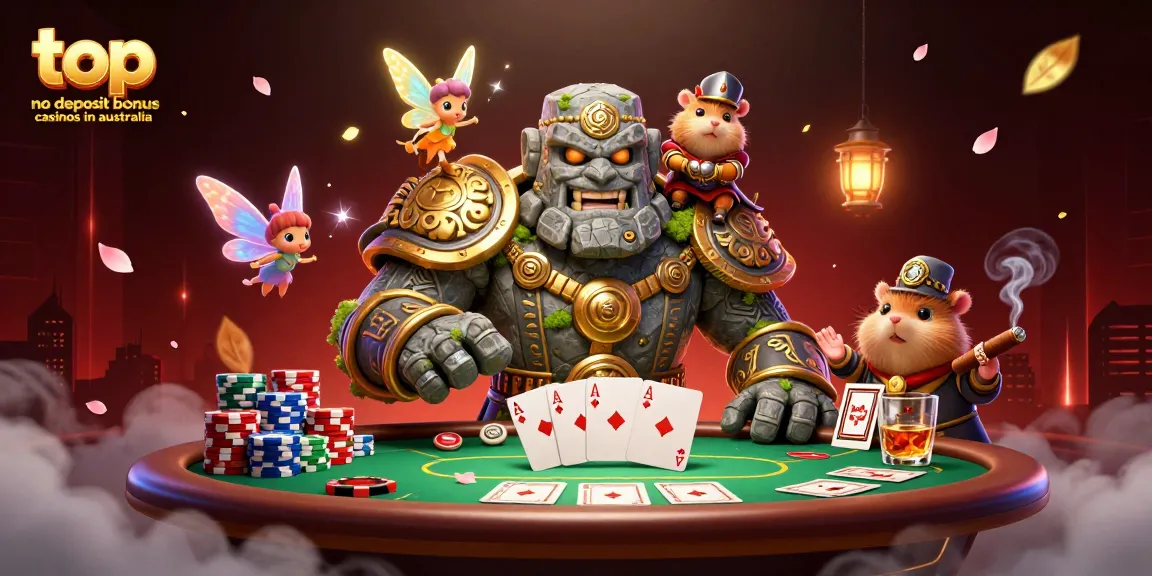 Engage with top no deposit bonus casinos in Australia showcasing poker scenes with magical elements and charming characters.