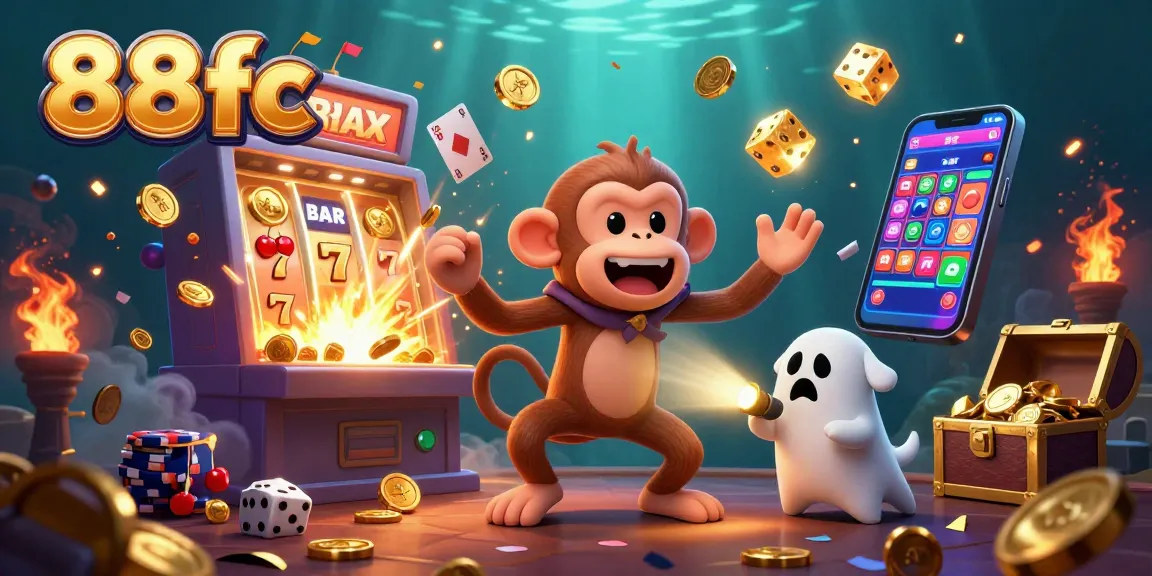 Win big at 88fc while a mischievous monkey juggles golden casino elements in a thrilling game atmosphere.