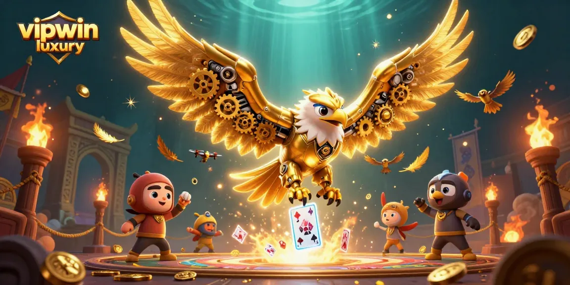 Experience the thrill of vipwin luxury with a 3D illustration featuring a cybernetic eagle and holographic cards.