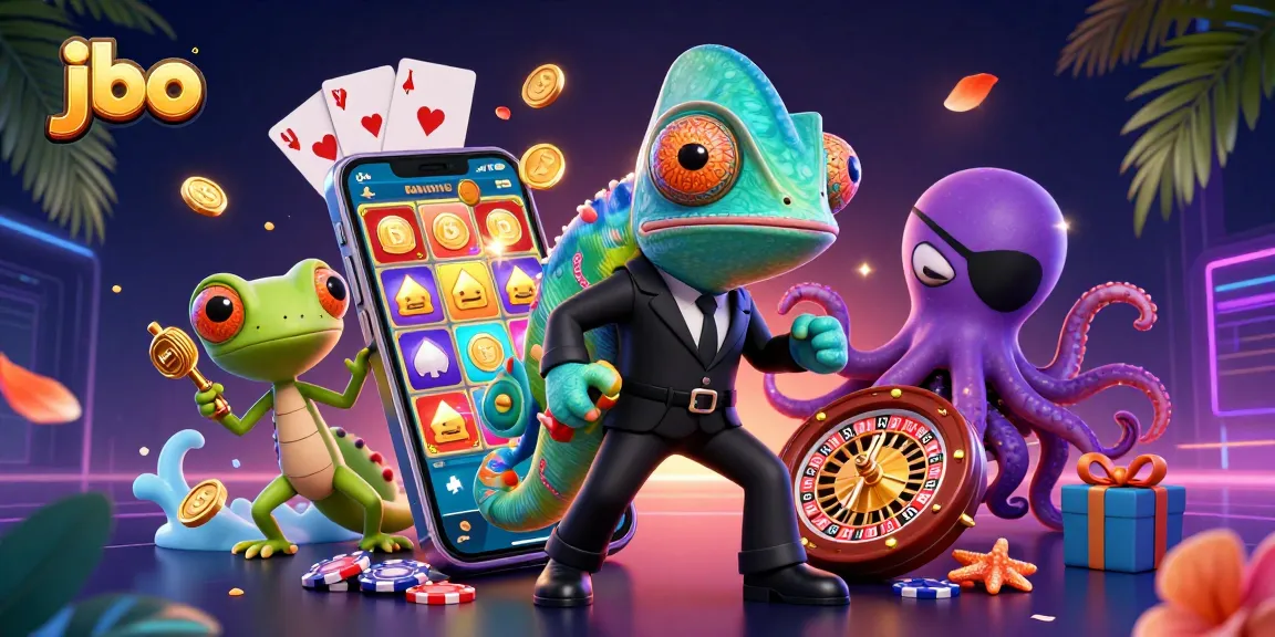 Engage with jbo in an exciting 3D illustration showcasing colorful casino elements and dynamic characters.