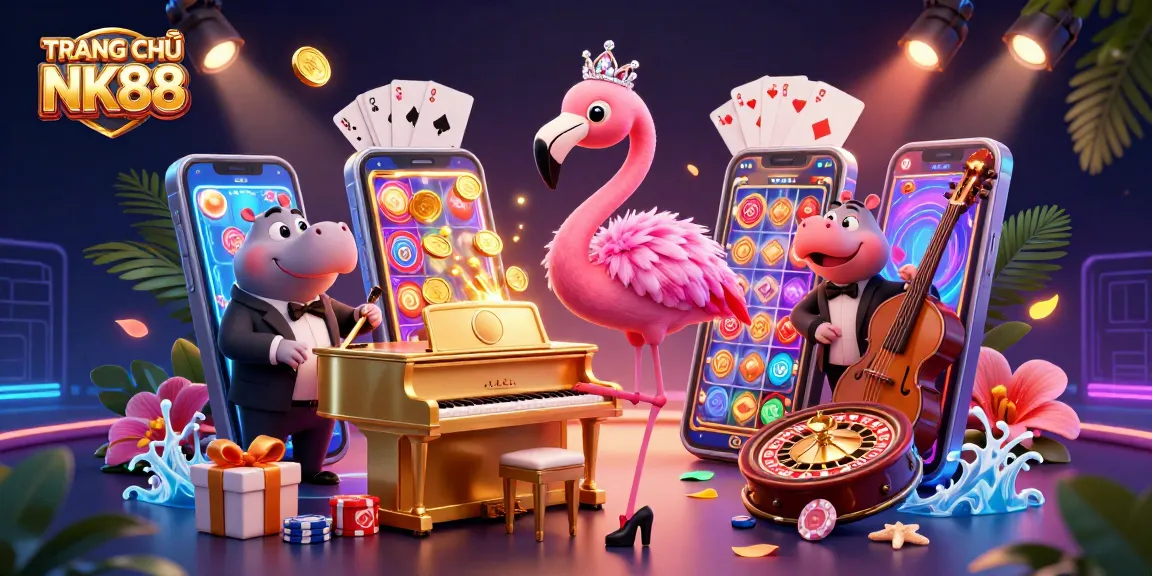 Play exciting games at TRANG CHỦ NK88 with rich casino ambiance featuring spinning slots and lively characters.