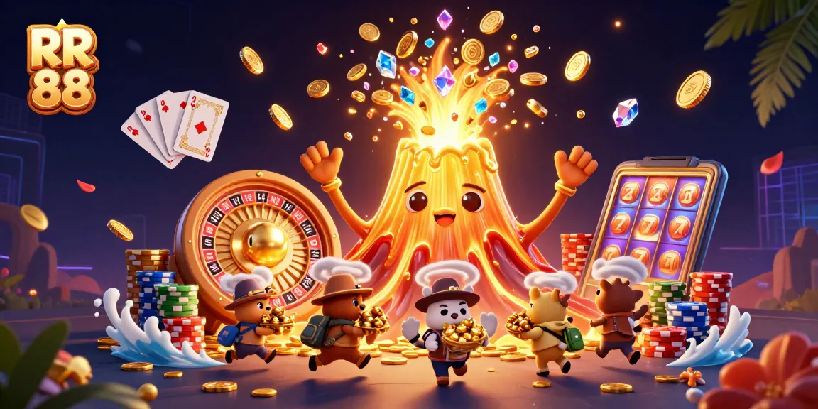 Engage with RR 88 at the vibrant casino scene featuring a golden volcano and treasures overflowing.