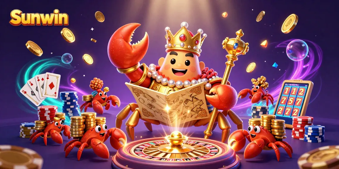 Experience thrilling gameplay at Sunwin with exciting slot machine reels and a golden crab emperor in action.
