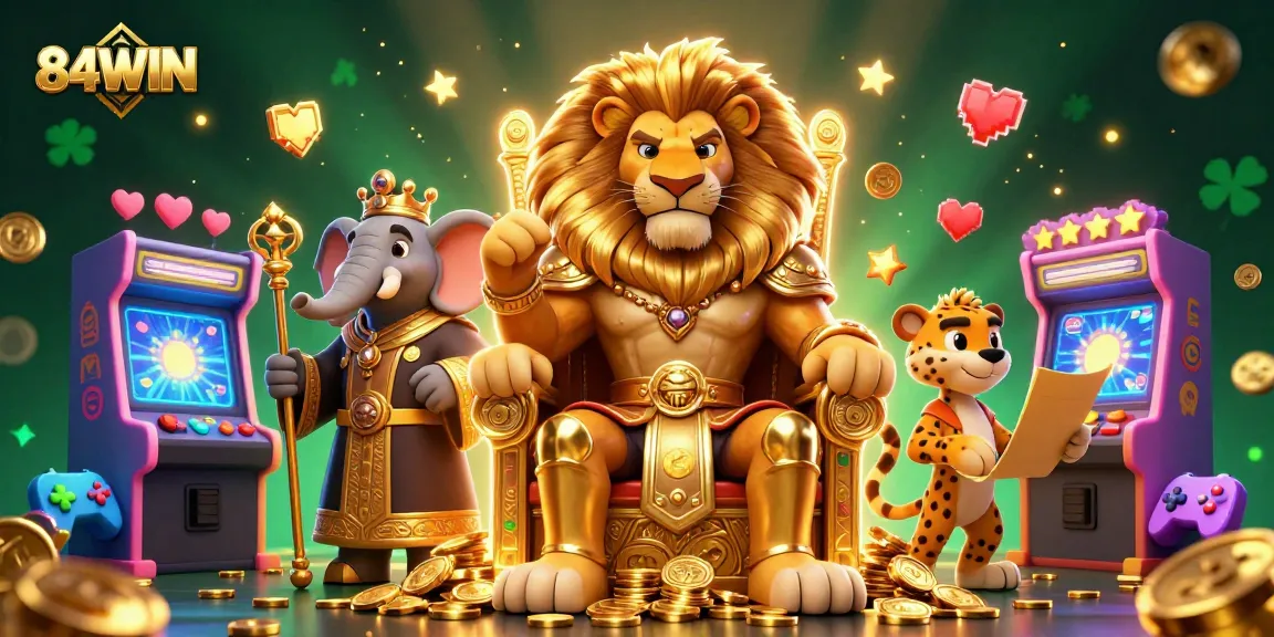 Experience the thrill of gaming with 84WIN's dynamic casino scene featuring iconic characters.