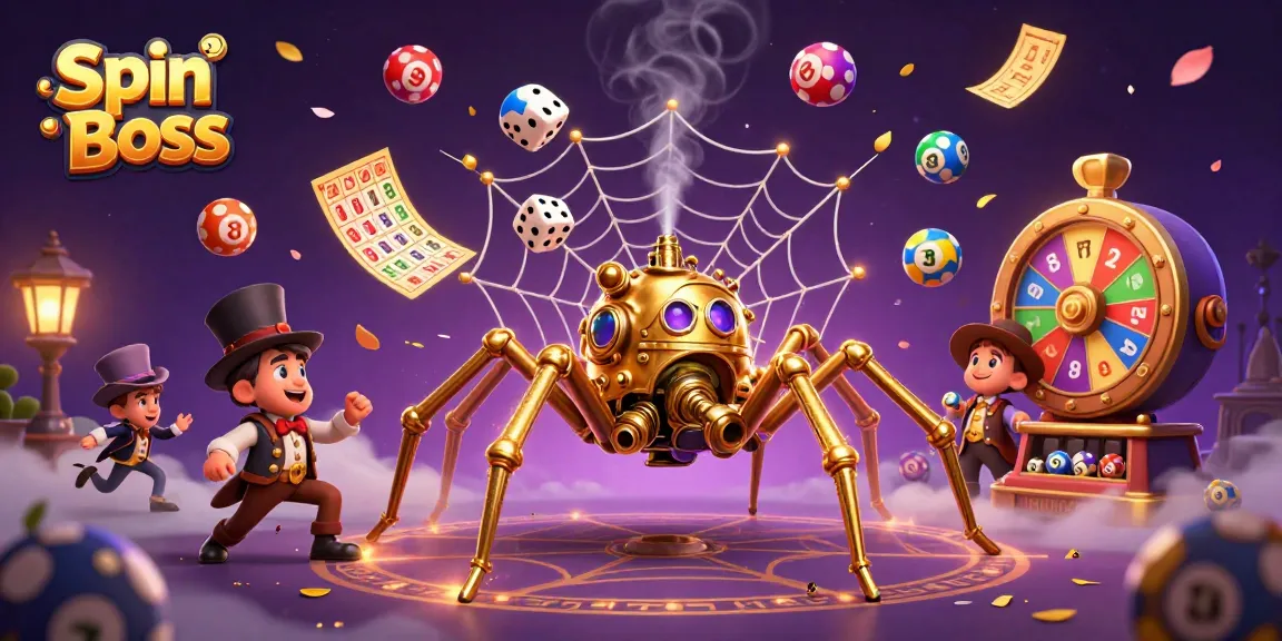 Engage with the thrilling Spin Boss game experience featuring a dynamic steampunk spider and various exciting casino elements.
